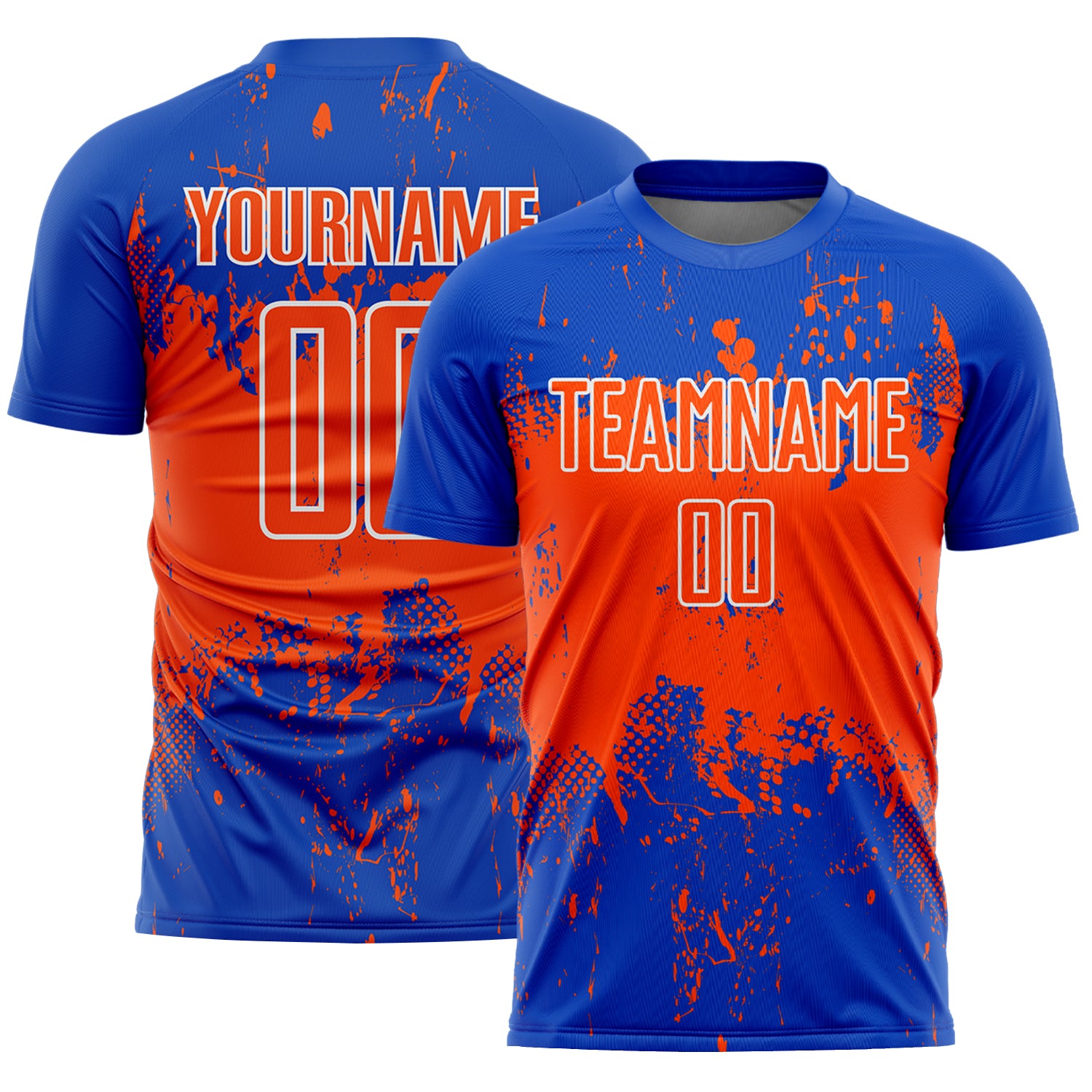 Custom Thunder Blue Orange-White Abstract Splatter Grunge Art Sports Sublimation Soccer Uniform Jersey