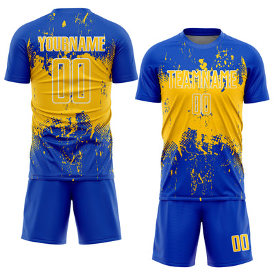 Custom Thunder Blue Yellow-White Abstract Splatter Grunge Art Sports Sublimation Soccer Uniform Jersey