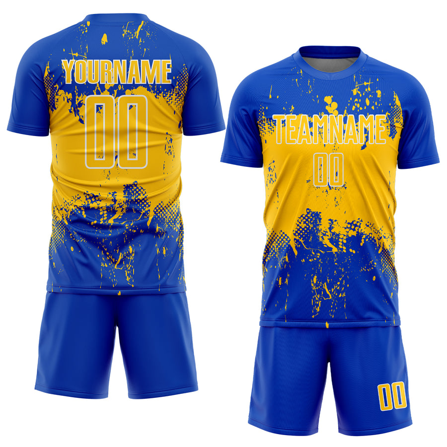 Custom Thunder Blue Yellow-White Abstract Splatter Grunge Art Sports Sublimation Soccer Uniform Jersey
