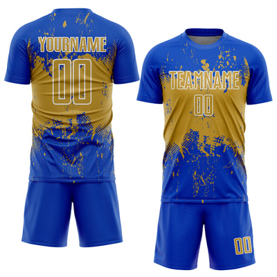 Custom Thunder Blue Old Gold-White Abstract Splatter Grunge Art Sports Sublimation Soccer Uniform Jersey