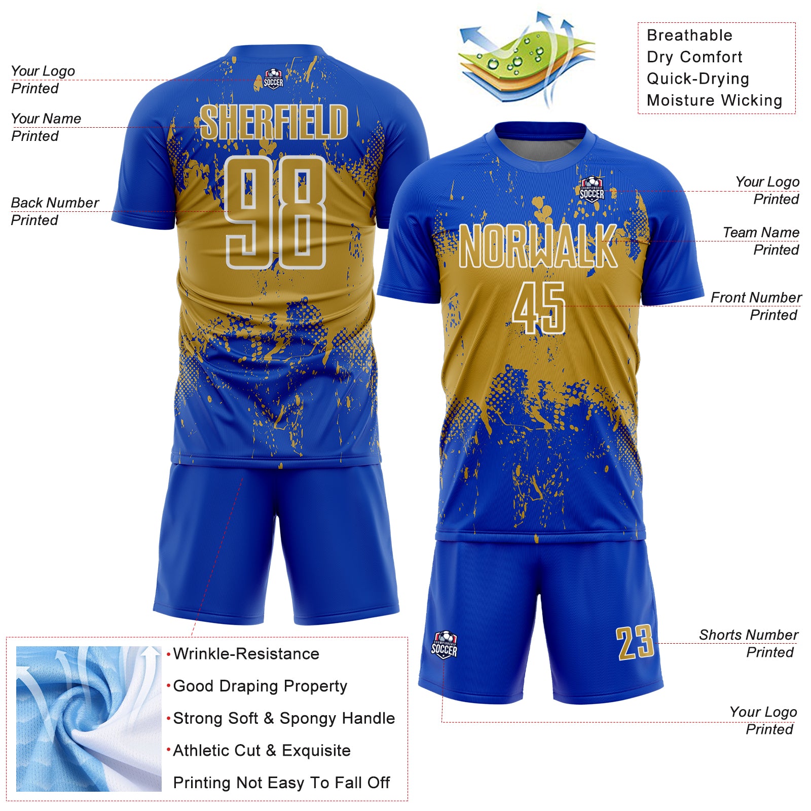 Custom Thunder Blue Old Gold-White Abstract Splatter Grunge Art Sports Sublimation Soccer Uniform Jersey
