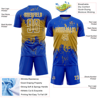 Custom Thunder Blue Old Gold-White Abstract Splatter Grunge Art Sports Sublimation Soccer Uniform Jersey