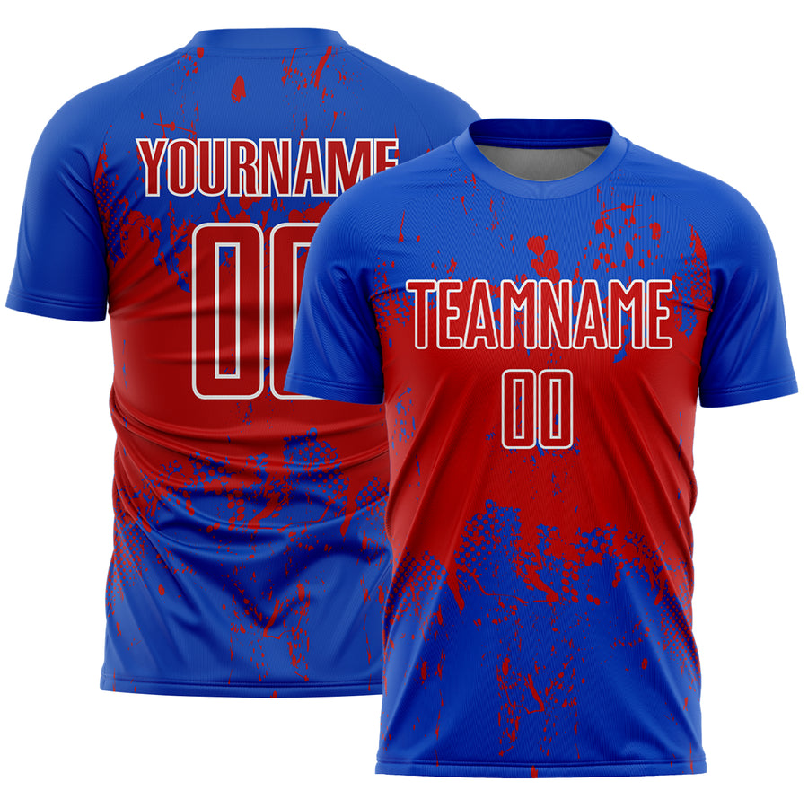 Custom Thunder Blue Red-White Abstract Splatter Grunge Art Sports Sublimation Soccer Uniform Jersey