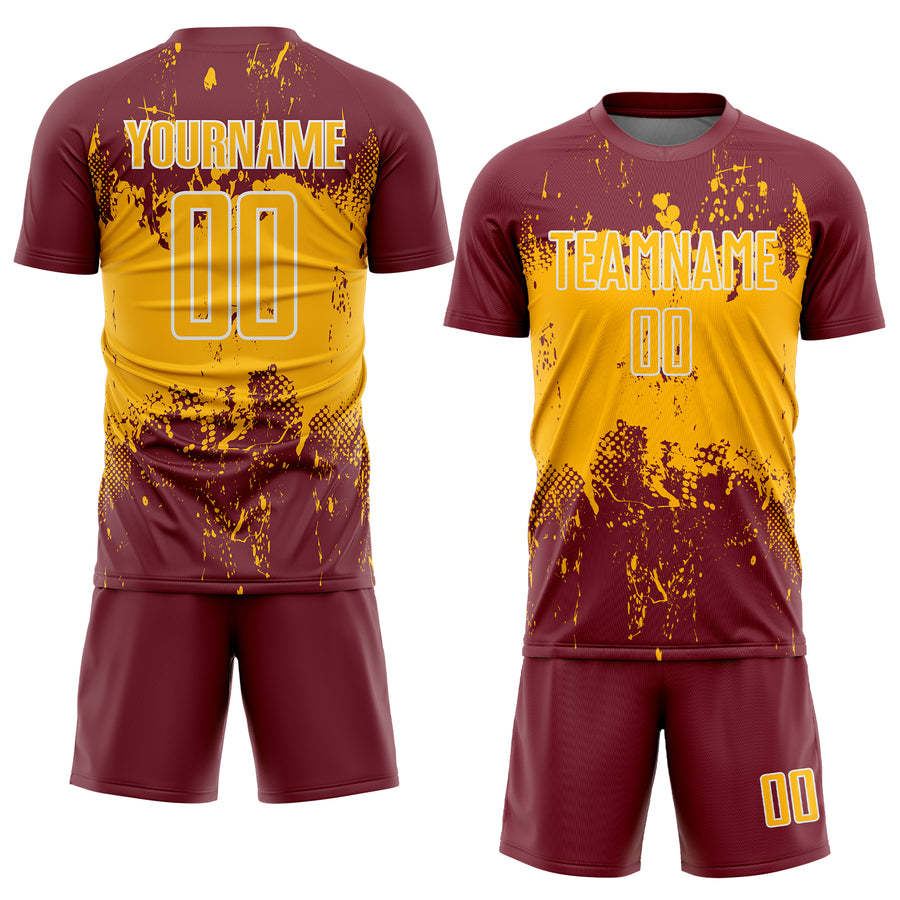 Custom Burgundy Gold-White Abstract Splatter Grunge Art Sports Sublimation Soccer Uniform Jersey