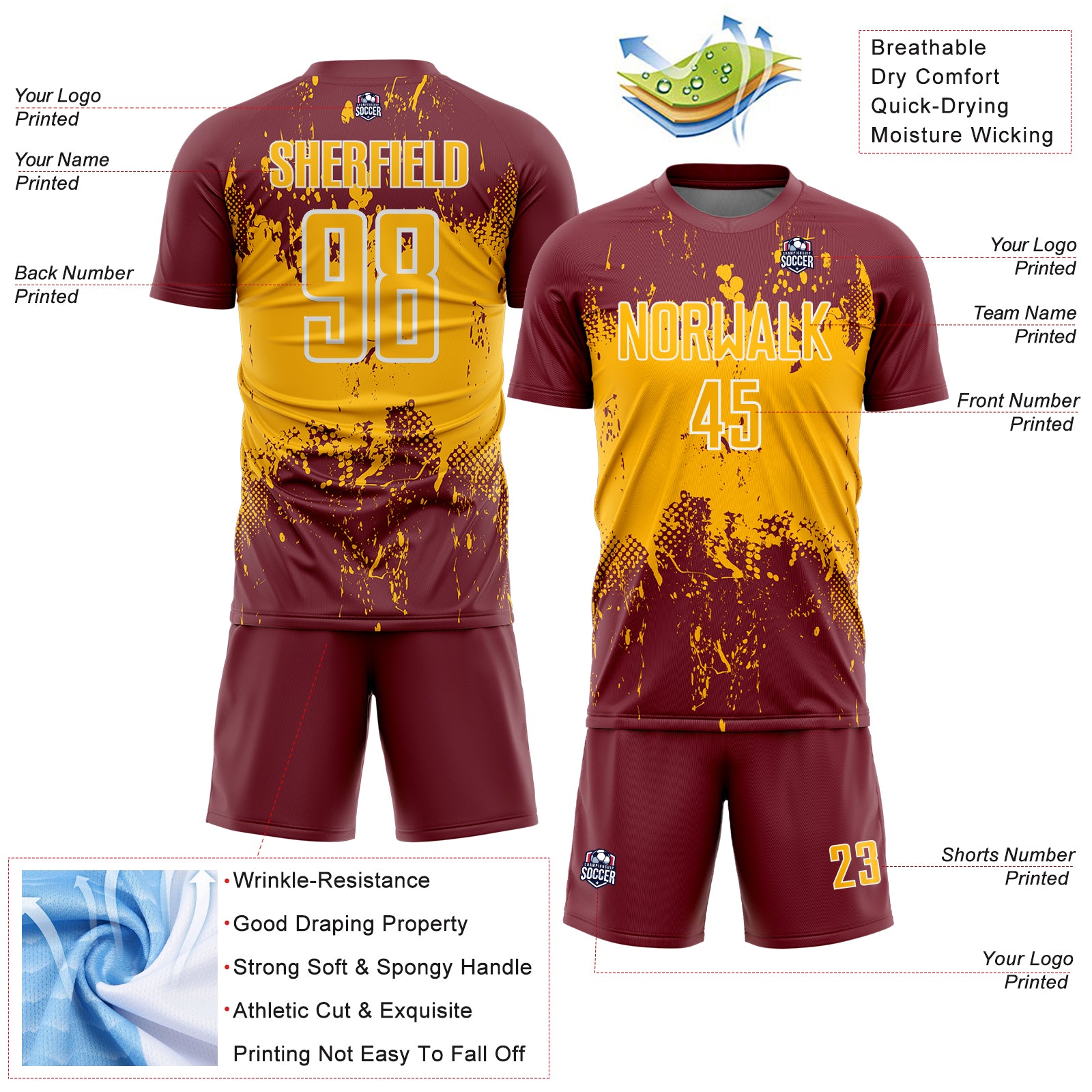 Custom Burgundy Gold-White Abstract Splatter Grunge Art Sports Sublimation Soccer Uniform Jersey