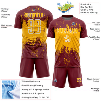 Custom Burgundy Gold-White Abstract Splatter Grunge Art Sports Sublimation Soccer Uniform Jersey