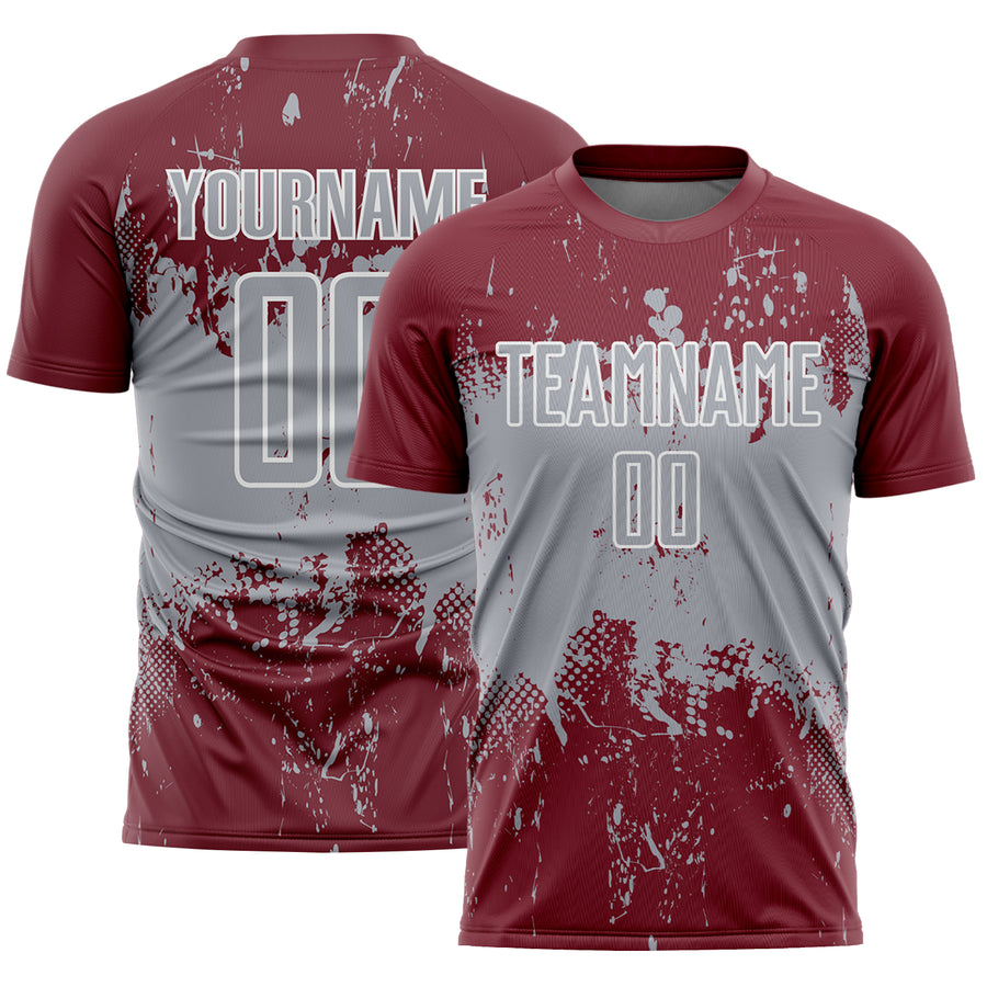 Custom Burgundy Gray-White Abstract Splatter Grunge Art Sports Sublimation Soccer Uniform Jersey