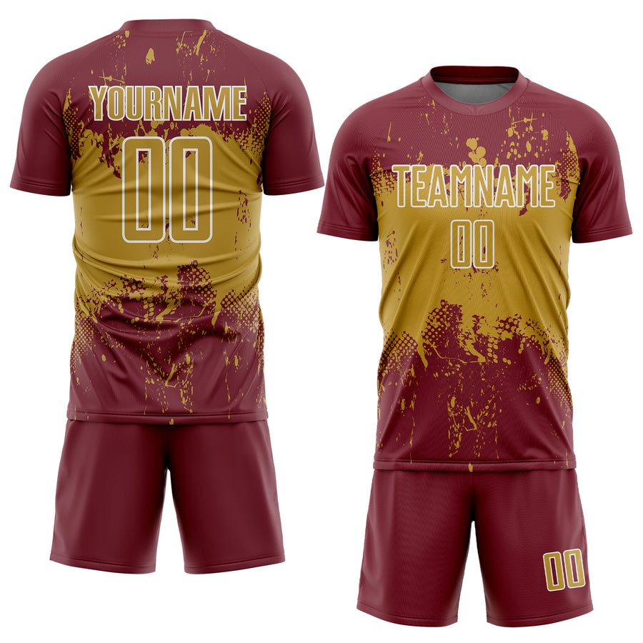 Custom Burgundy Old Gold-White Abstract Splatter Grunge Art Sports Sublimation Soccer Uniform Jersey