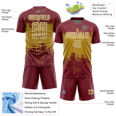 Custom Burgundy Old Gold-White Abstract Splatter Grunge Art Sports Sublimation Soccer Uniform Jersey