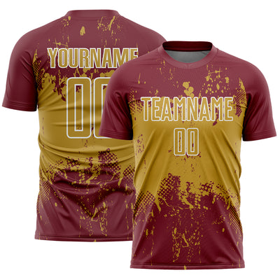 Custom Burgundy Old Gold-White Abstract Splatter Grunge Art Sports Sublimation Soccer Uniform Jersey