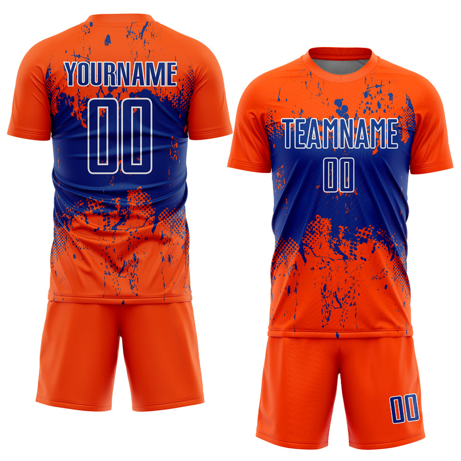 Custom Orange Royal-White Abstract Splatter Grunge Art Sports Sublimation Soccer Uniform Jersey
