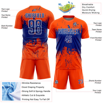 Custom Orange Royal-White Abstract Splatter Grunge Art Sports Sublimation Soccer Uniform Jersey