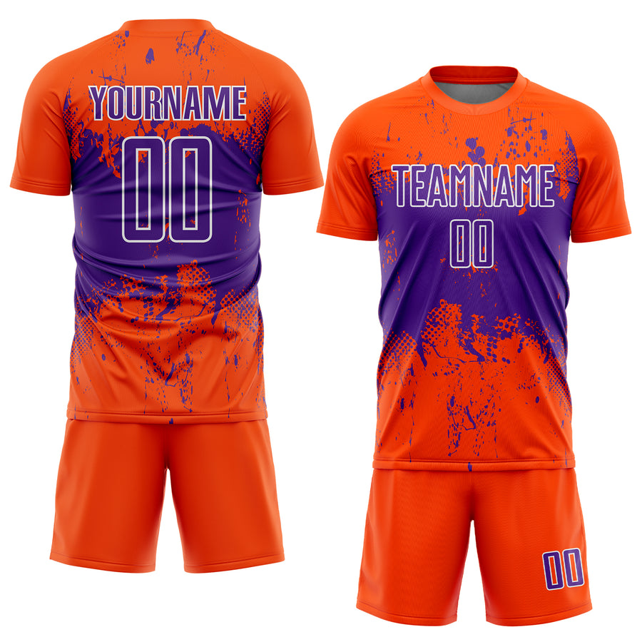 Custom Orange Purple-White Abstract Splatter Grunge Art Sports Sublimation Soccer Uniform Jersey
