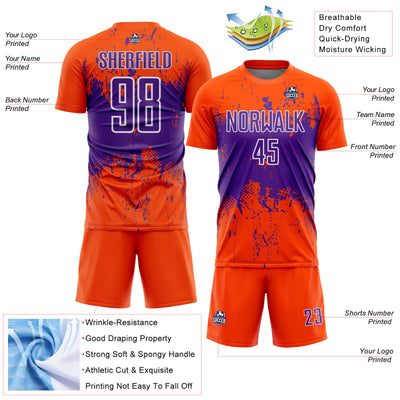 Custom Orange Purple-White Abstract Splatter Grunge Art Sports Sublimation Soccer Uniform Jersey