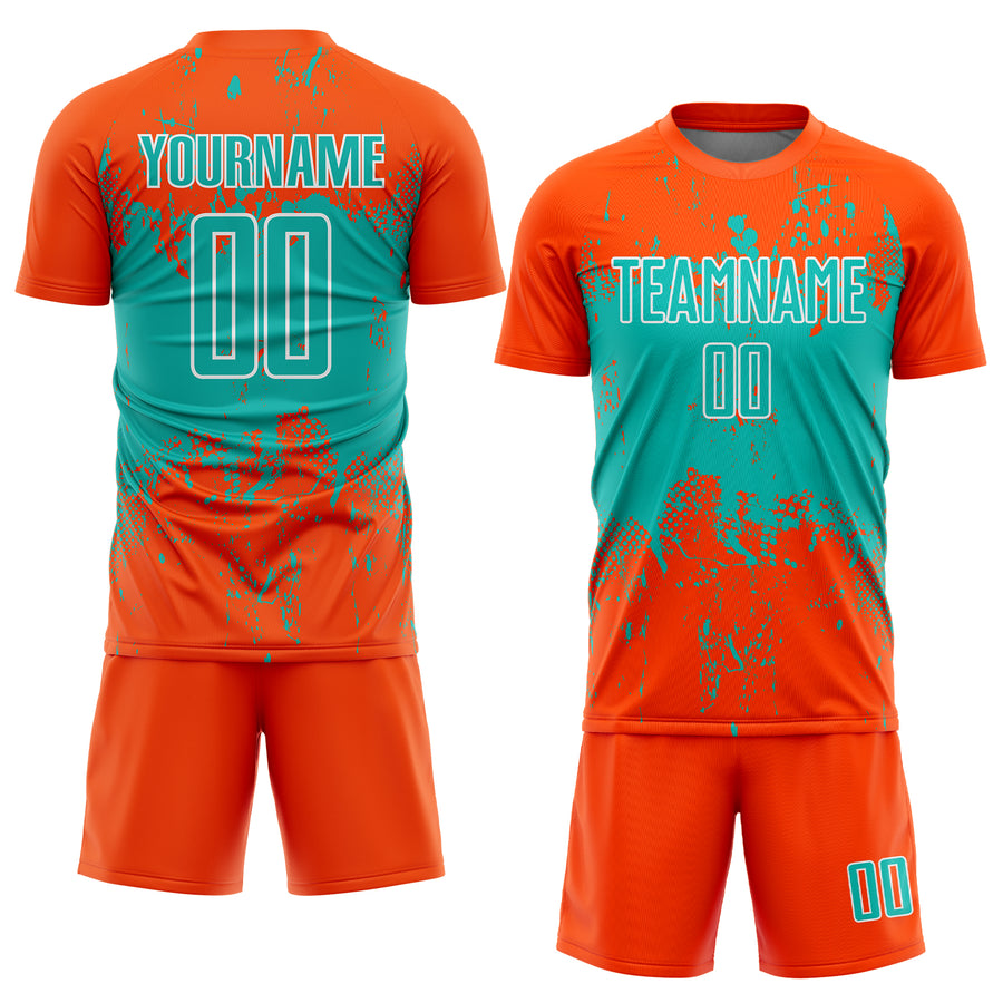Custom Orange Aqua-White Abstract Splatter Grunge Art Sports Sublimation Soccer Uniform Jersey