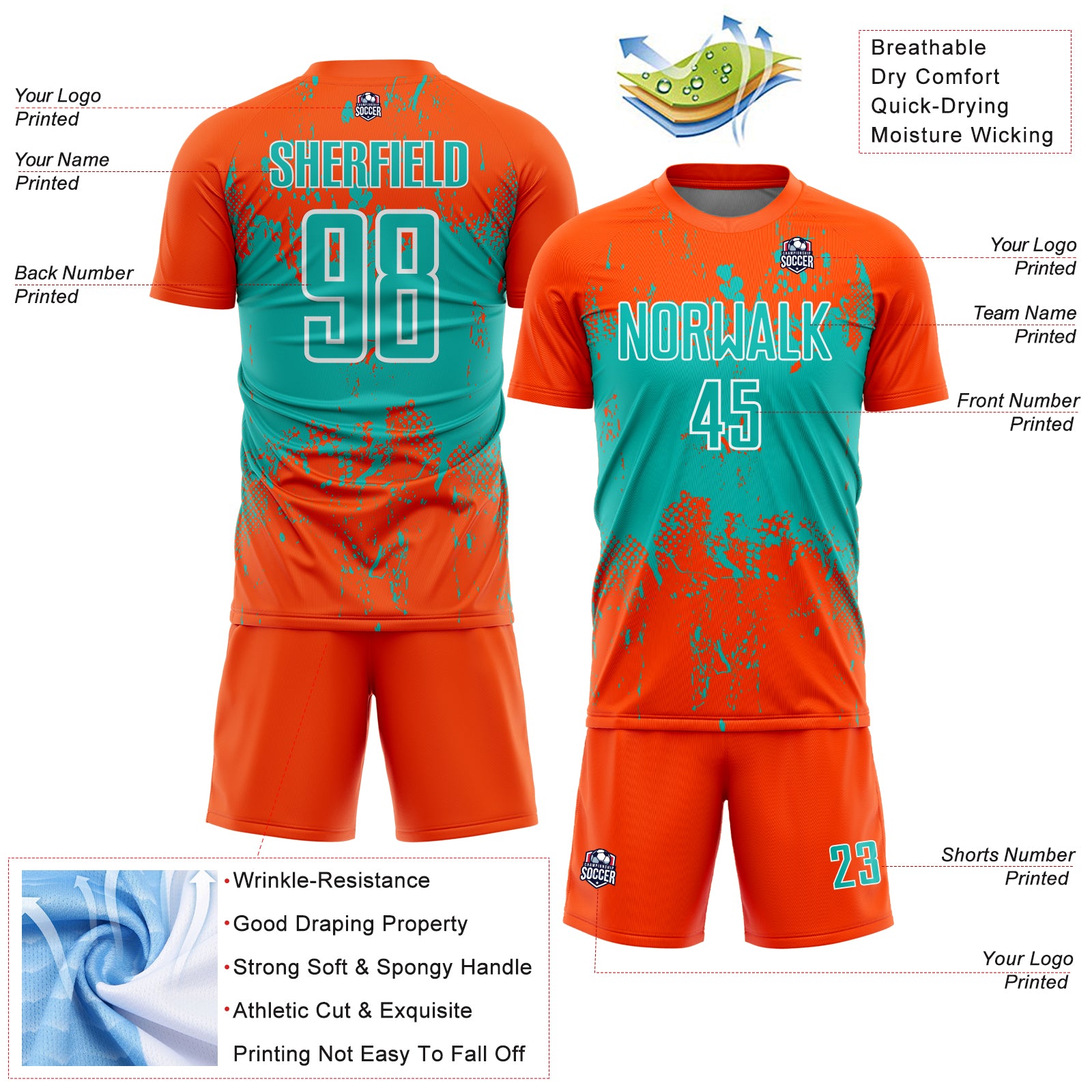 Custom Orange Aqua-White Abstract Splatter Grunge Art Sports Sublimation Soccer Uniform Jersey