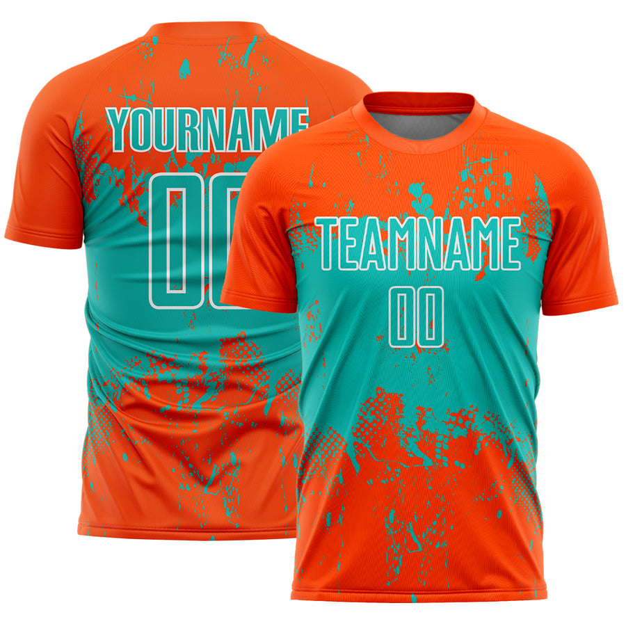Custom Orange Aqua-White Abstract Splatter Grunge Art Sports Sublimation Soccer Uniform Jersey