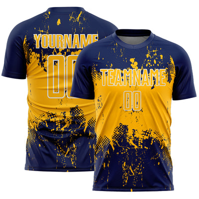 Custom Navy Gold-White Abstract Splatter Grunge Art Sports Sublimation Soccer Uniform Jersey