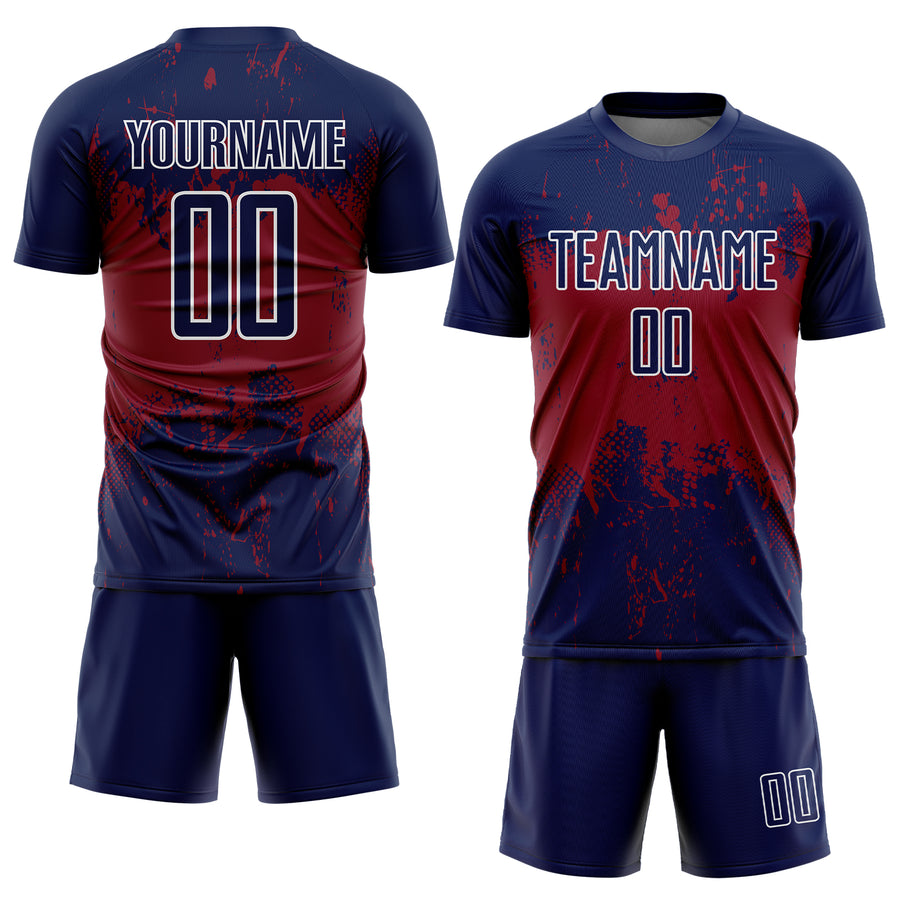 Custom Navy Crimson-White Abstract Splatter Grunge Art Sports Sublimation Soccer Uniform Jersey