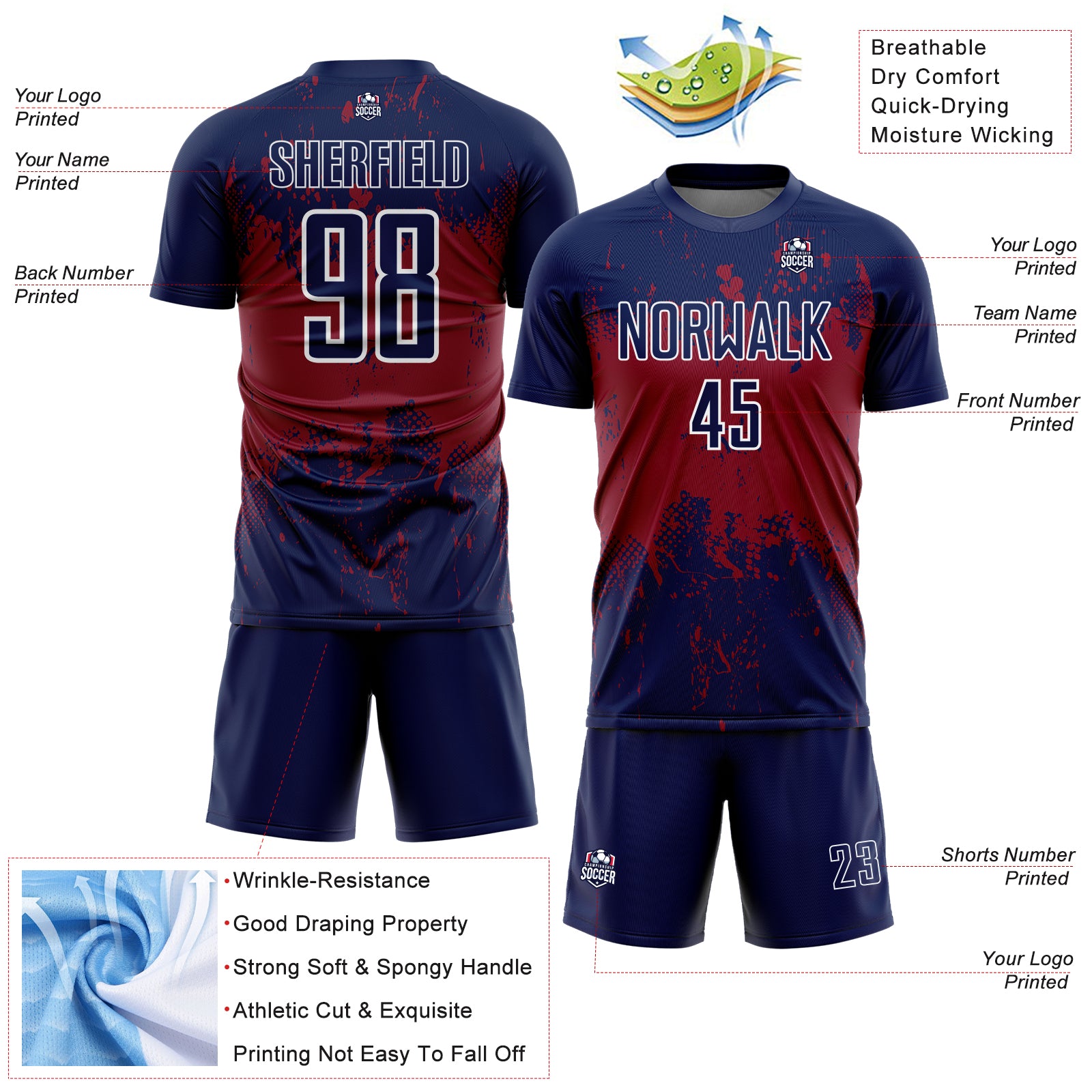 Custom Navy Crimson-White Abstract Splatter Grunge Art Sports Sublimation Soccer Uniform Jersey