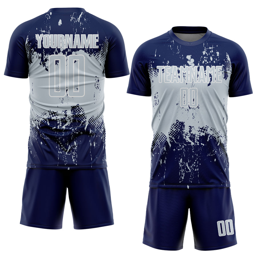 Custom Navy Silver-White Abstract Splatter Grunge Art Sports Sublimation Soccer Uniform Jersey