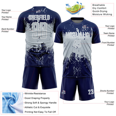 Custom Navy Silver-White Abstract Splatter Grunge Art Sports Sublimation Soccer Uniform Jersey
