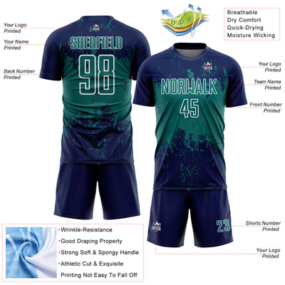Custom Navy Teal-White Abstract Splatter Grunge Art Sports Sublimation Soccer Uniform Jersey