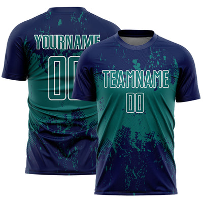 Custom Navy Teal-White Abstract Splatter Grunge Art Sports Sublimation Soccer Uniform Jersey