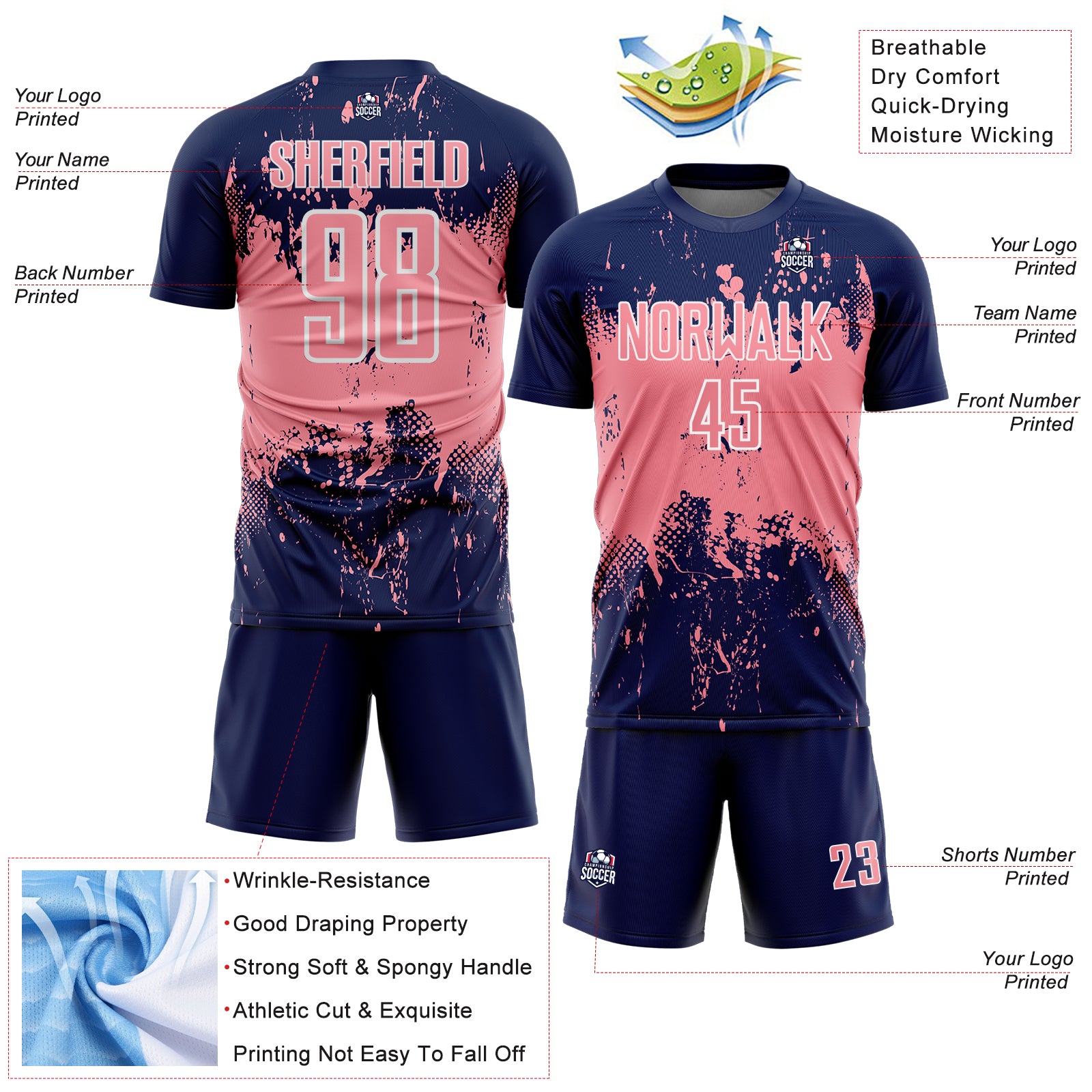 Custom Navy Medium Pink-White Abstract Splatter Grunge Art Sports Sublimation Soccer Uniform Jersey