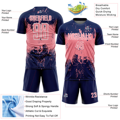 Custom Navy Medium Pink-White Abstract Splatter Grunge Art Sports Sublimation Soccer Uniform Jersey