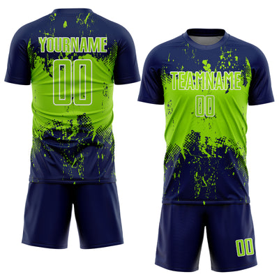 Custom Navy Neon Green-White Abstract Splatter Grunge Art Sports Sublimation Soccer Uniform Jersey