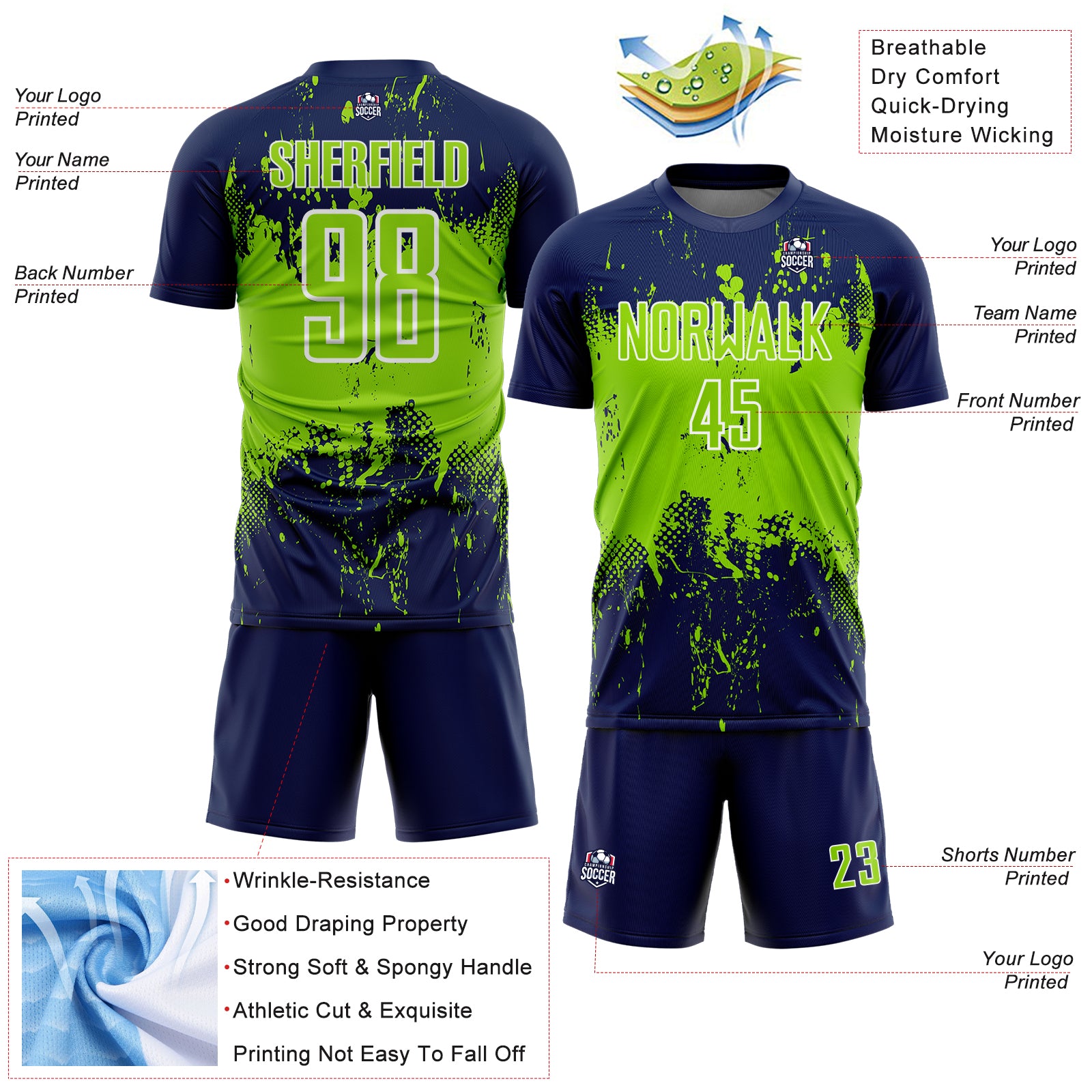 Custom Navy Neon Green-White Abstract Splatter Grunge Art Sports Sublimation Soccer Uniform Jersey