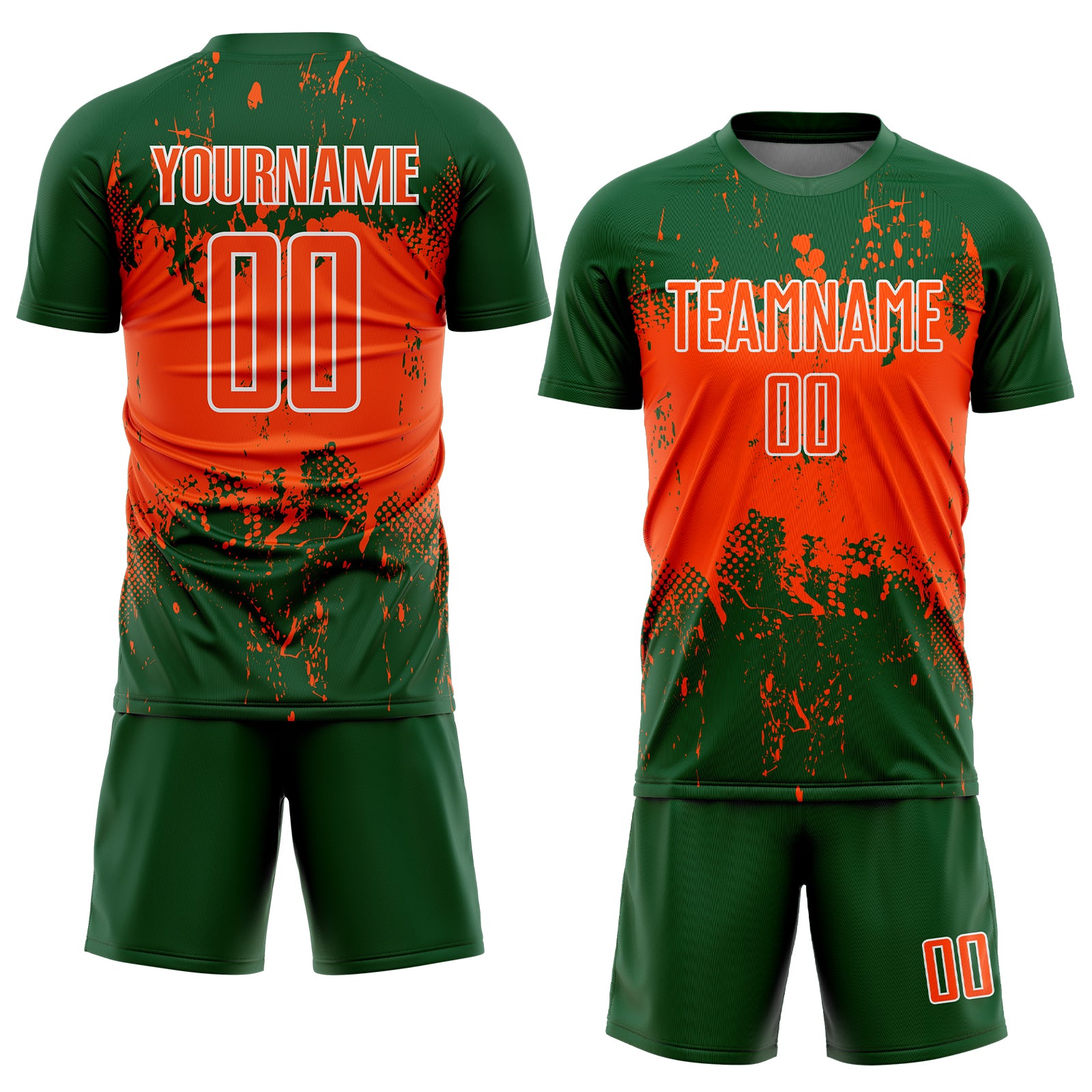 Custom Green Orange-White Abstract Splatter Grunge Art Sports Sublimation Soccer Uniform Jersey