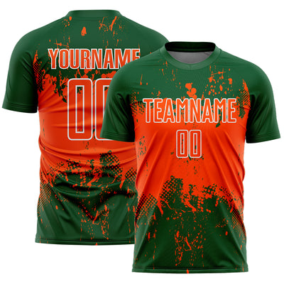 Custom Green Orange-White Abstract Splatter Grunge Art Sports Sublimation Soccer Uniform Jersey