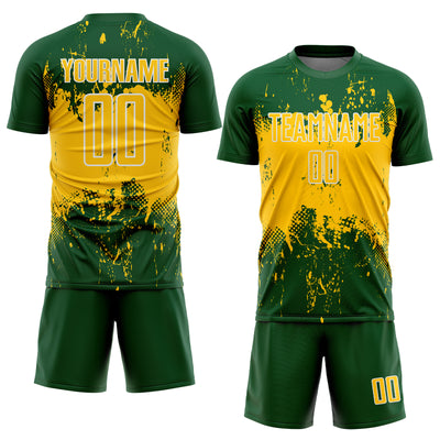 Custom Green Yellow-White Abstract Splatter Grunge Art Sports Sublimation Soccer Uniform Jersey
