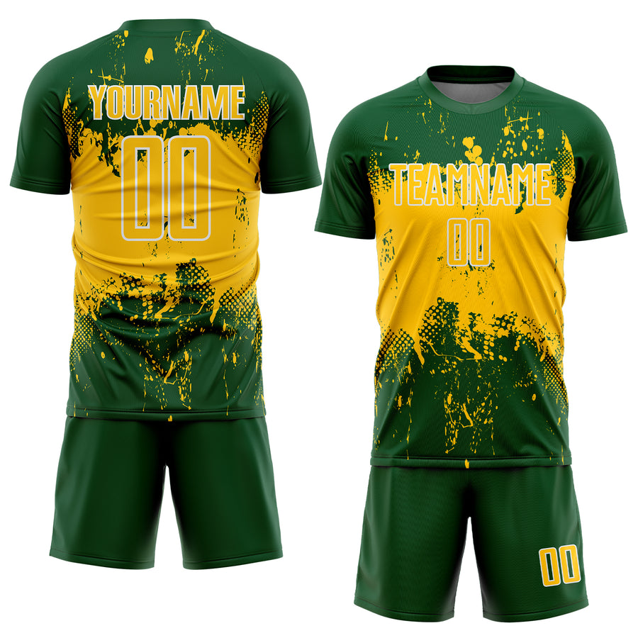 Custom Green Yellow-White Abstract Splatter Grunge Art Sports Sublimation Soccer Uniform Jersey