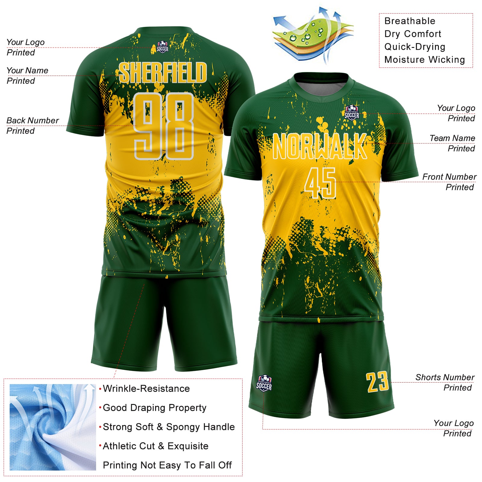 Custom Green Yellow-White Abstract Splatter Grunge Art Sports Sublimation Soccer Uniform Jersey
