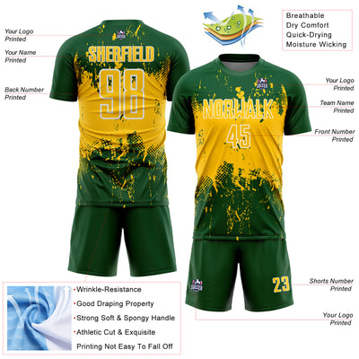 Custom Green Yellow-White Abstract Splatter Grunge Art Sports Sublimation Soccer Uniform Jersey