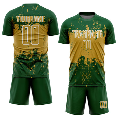 Custom Green Old Gold-White Abstract Splatter Grunge Art Sports Sublimation Soccer Uniform Jersey