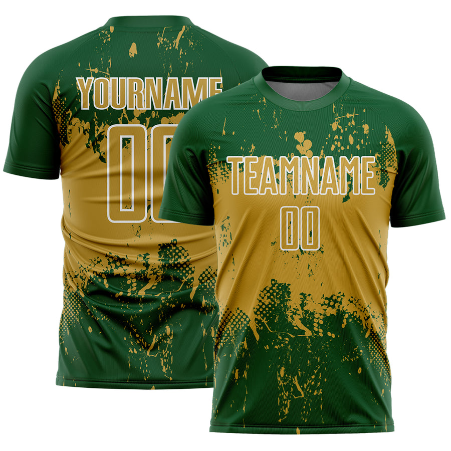 Custom Green Old Gold-White Abstract Splatter Grunge Art Sports Sublimation Soccer Uniform Jersey
