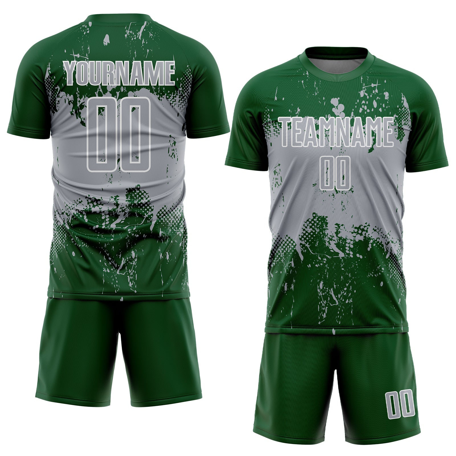 Custom Green Gray-White Abstract Splatter Grunge Art Sports Sublimation Soccer Uniform Jersey