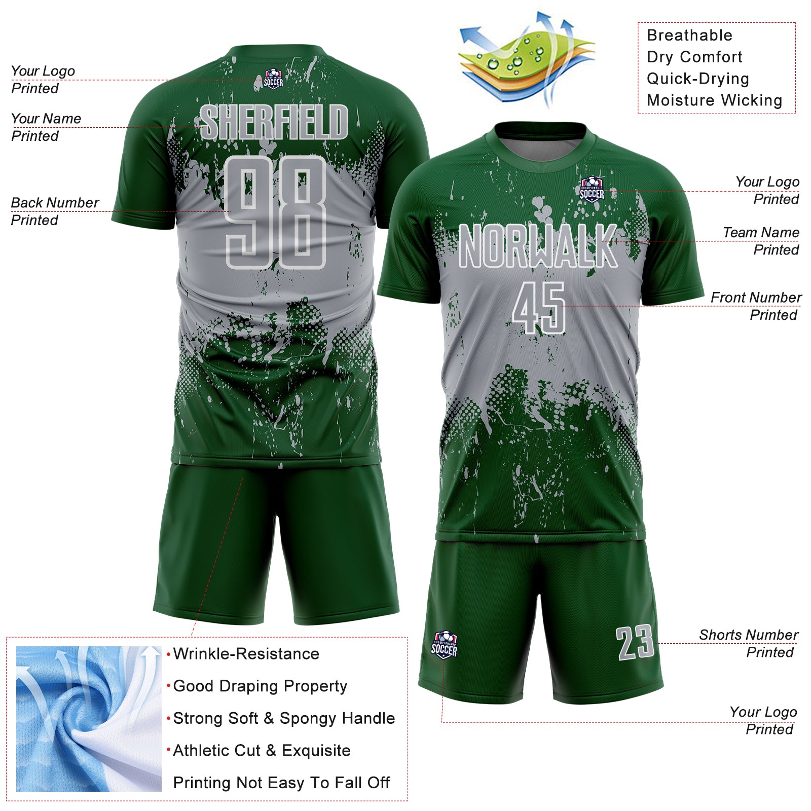Custom Green Gray-White Abstract Splatter Grunge Art Sports Sublimation Soccer Uniform Jersey