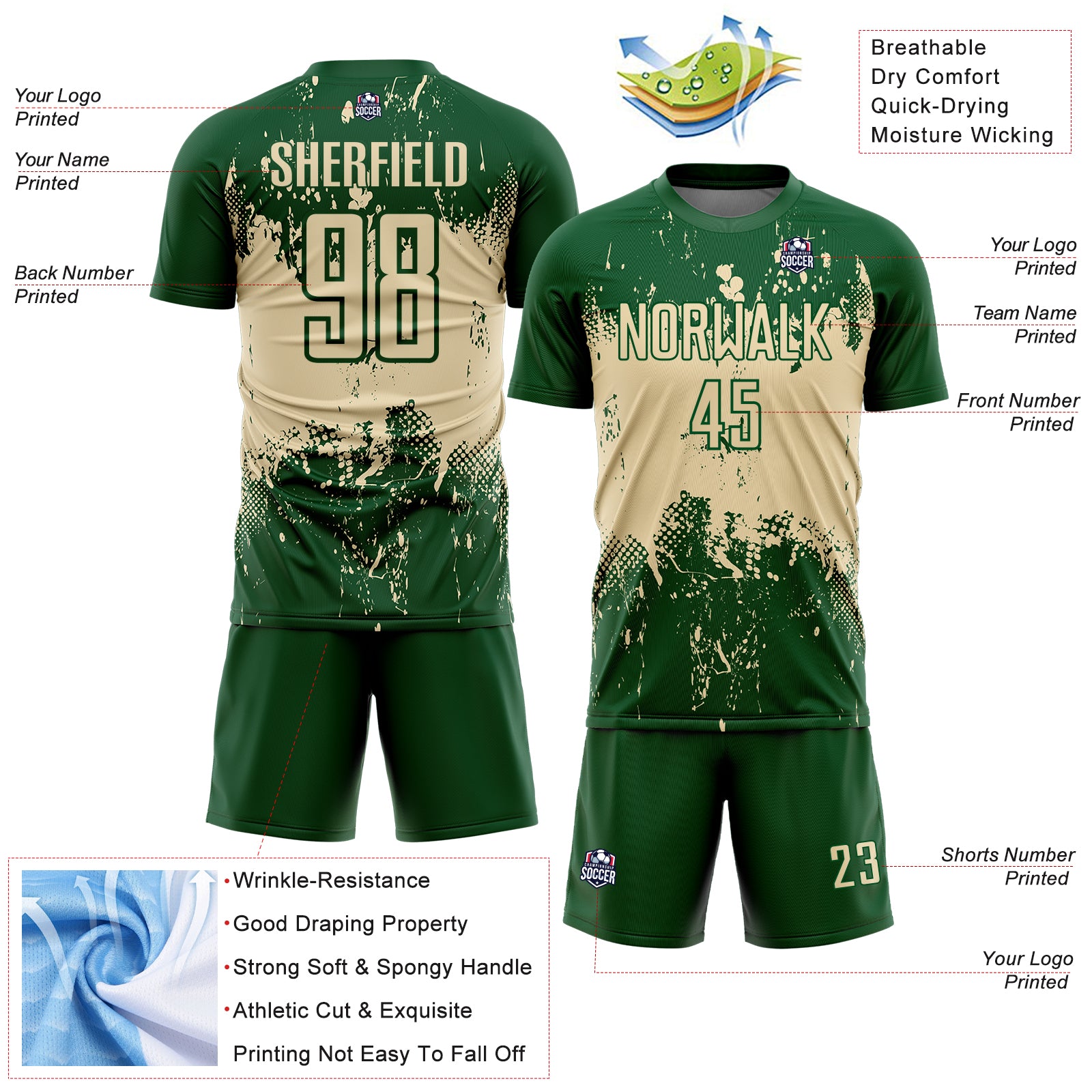 Custom Green Cream Abstract Splatter Grunge Art Sports Sublimation Soccer Uniform Jersey
