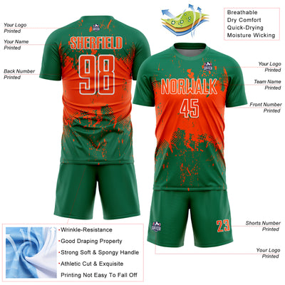 Custom Kelly Green Orange-White Abstract Splatter Grunge Art Sports Sublimation Soccer Uniform Jersey