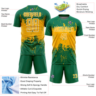 Custom Kelly Green Gold-White Abstract Splatter Grunge Art Sports Sublimation Soccer Uniform Jersey