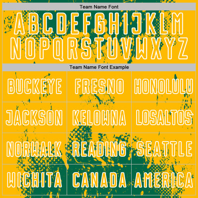 Custom Kelly Green Gold-White Abstract Splatter Grunge Art Sports Sublimation Soccer Uniform Jersey