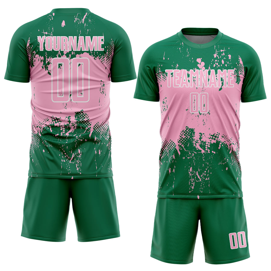 Custom Kelly Green Light Pink-White Abstract Splatter Grunge Art Sports Sublimation Soccer Uniform Jersey