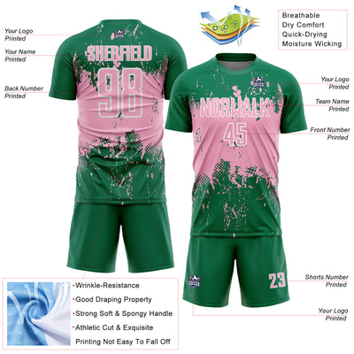 Custom Kelly Green Light Pink-White Abstract Splatter Grunge Art Sports Sublimation Soccer Uniform Jersey