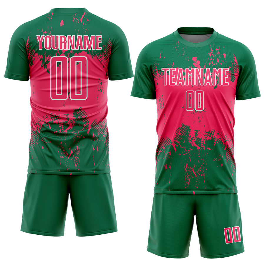 Custom Kelly Green Neon Pink-White Abstract Splatter Grunge Art Sports Sublimation Soccer Uniform Jersey