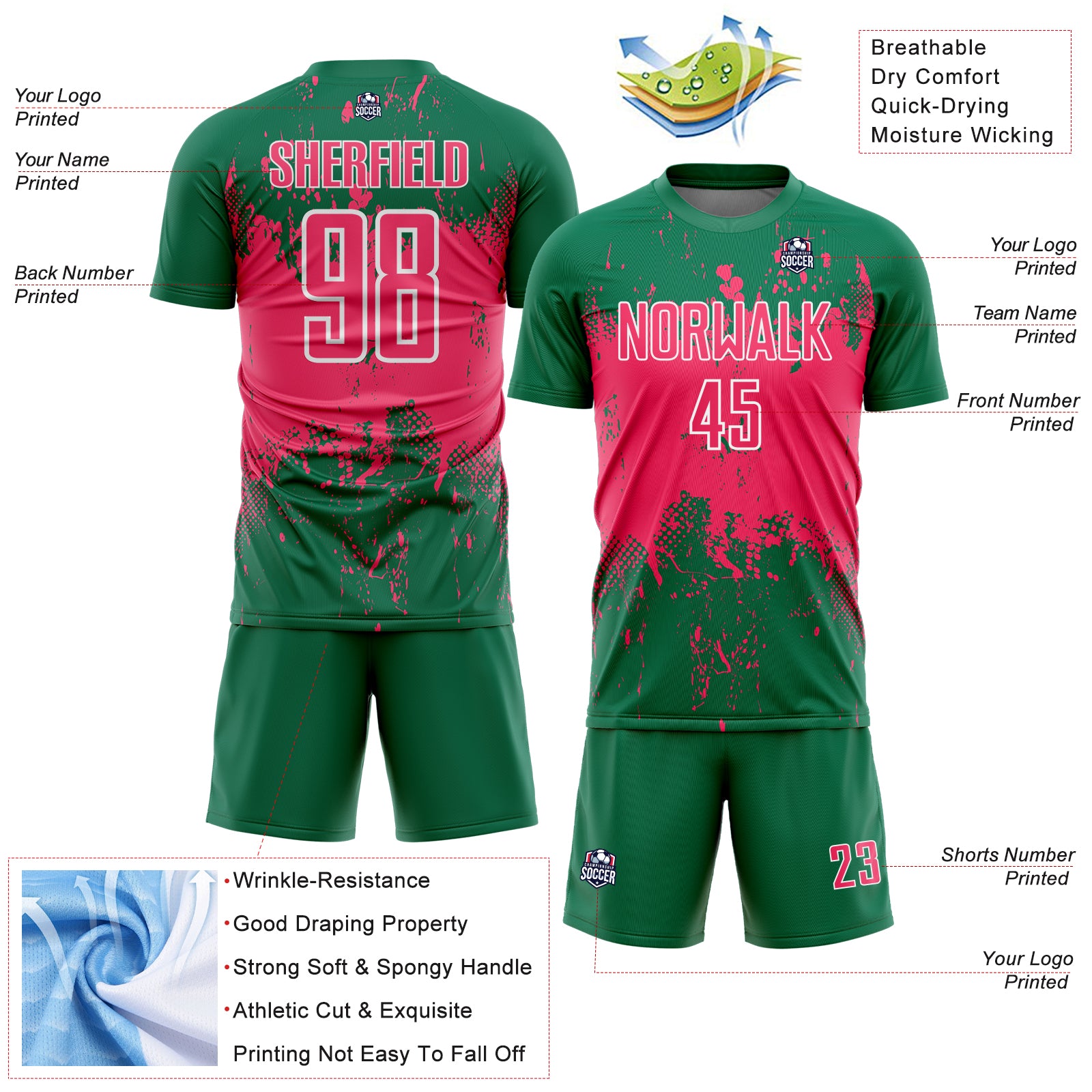Custom Kelly Green Neon Pink-White Abstract Splatter Grunge Art Sports Sublimation Soccer Uniform Jersey